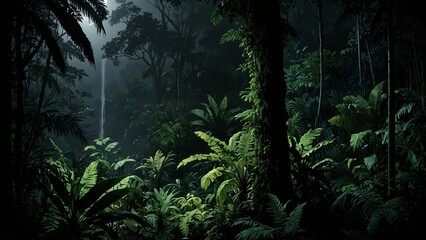 Obraz premium A tropical rainforest at night with moonlight filtering through the leaves, nocturnal animals moving among the trees, and the sound of a distant waterfall.