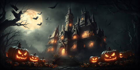 Jack O Lanterns pumpkins and candles glowing at spooky mysterious castle