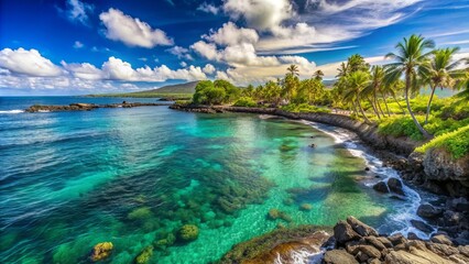 Serene tropical coastline at Keahole Point in Kailua Kona, Big Island, Hawaii, with lush greenery, coral reefs, and crystal-clear turquoise ocean waters.