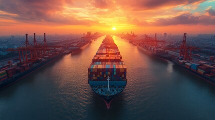 Naklejka premium Cargo ship container viewed from an aerial view of the freight shipping transport system. Business concepts related to international transportation, logistics, and transportation industries.