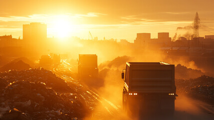 Trucks navigate through a dusty landscape at sunset, highlighting the challenges of waste management and urban development.