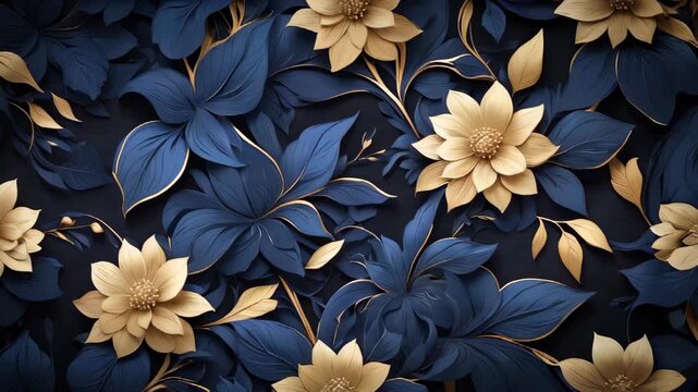 Elegant floral composition with stylized black and golden flowers and leaves