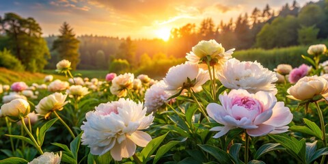 Soft white peonies and delicate ping blooms bask in the warm, golden light of dawn, surrounded by lush green foliage in a serene morning landscape.