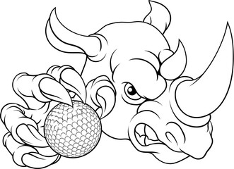 A Rhino Rhinoceros mean tough cartoon sports animal mascot holding a golf ball