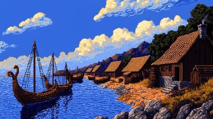 A pixel art Viking village by the sea, with longships ready to sail