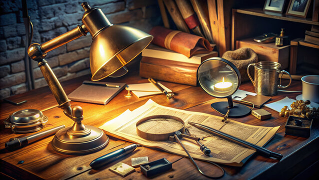 A cluttered detective's desk with magnifying glass, notes, and scattered clues, illuminated by a single desk lamp, evoking a sense of intense analytical scrutiny.