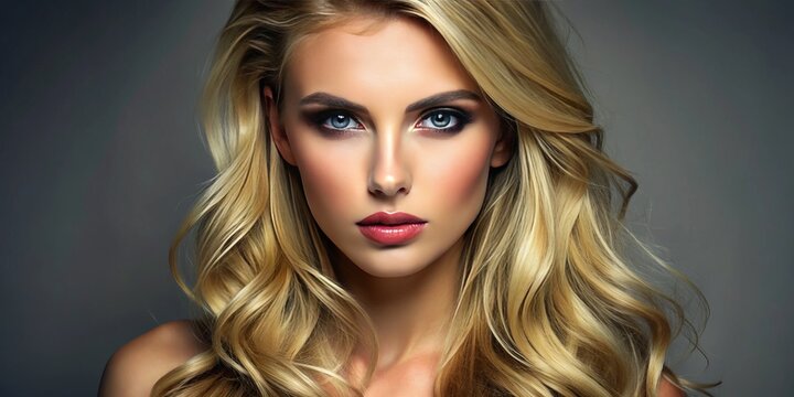 Stunning blonde bombshell stands confidently on a grey background, her flawless complexion and natural makeup accentuating her striking features as she seductively gazes at the camera.