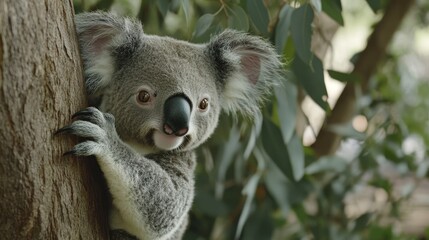 Fototapeta premium A close-up of a koala bear clinging to a eucalyptus tree, with its fuzzy ears and nose clearly visible.