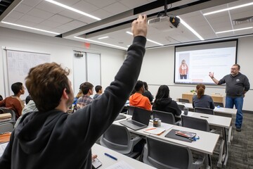 Fototapeta premium Enhancing classroom engagement and creating a dynamic learning environment by promoting active student participation in lectures, encouraging them to raise their hands and be interactive
