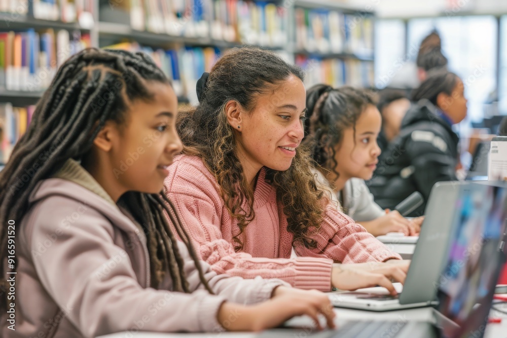 Poster in a school library, students collaborate using laptops for digital learning to achieve academic suc