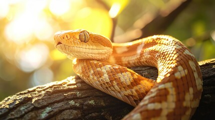 Fototapeta premium A close-up shot of a snake coiled around a tree branch, its scales gleaming in the sunlight.