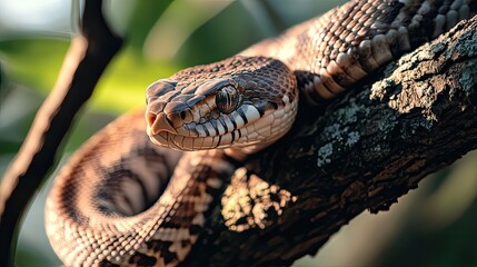 Fototapeta premium A close-up shot of a snake coiled around a tree branch, its scales gleaming in the sunlight.