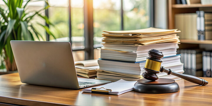A cluttered office desk overflows with legal documents, files, and folders, with a judge's gavel and laptop nearby, symbolizing the complexity of legal discovery.