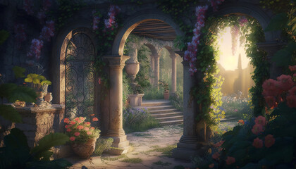 Archway in an enchanted fairy garden landscape