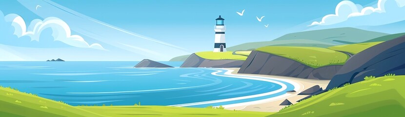 Lighthouse on the green hills near the sea, flat vector background banner illustration with copy space.