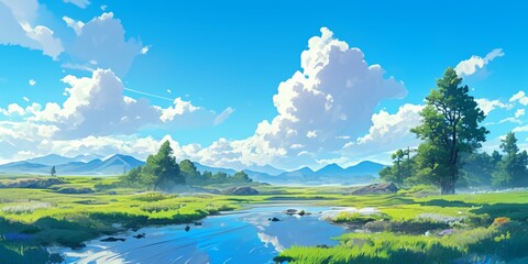 Fototapeta premium Enchanting Anime-style Spring Dreamscape: Vibrant Cherry Blossom Wonderland with Magical Nature Elements. Perfect for Creative Marketing, Book Illustrations, and Inspiring 4K Wallpapers.dreamscape, an