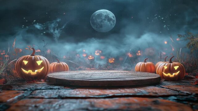 podium in the center of a halloween background, surrounded by Halloween pumpkin decoration in the night with spider web, animation looping video background
