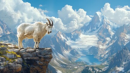 A majestic image of a mountain goat standing on a rocky ledge, with a vast landscape stretching out behind it.