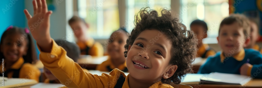 Poster a group of diverse and happy school children are engaged in various classroom activities, showcasing
