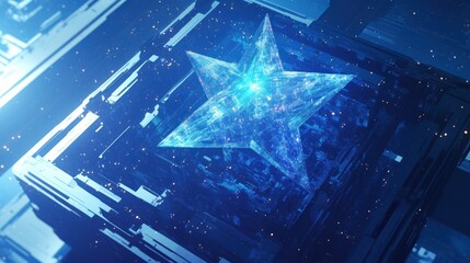 Futuristic blue geometric abstract stars composed of glass shards, creating sharp edges and intricate patterns giving a sense of depth and dimension