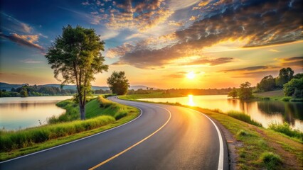 Peaceful winding road leading to serene lake under a picturesque sunset sky, Road, Winding, Peaceful, Serene, Lake, Sunset, Sky