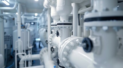 A closeup of a ballast water treatment system on a ship utilizing advanced filtration and dis technology to prevent the spread of invasive species. copy space for text.