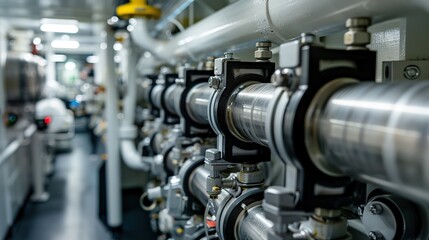 A closeup of a ballast water treatment system on a ship utilizing advanced filtration and dis technology to prevent the spread of invasive species. copy space for text.