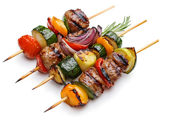 Kebabs - grilled meat and vegetables on skewers  isolated on white background