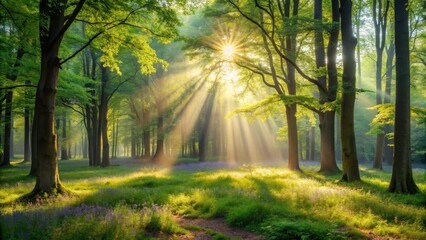 Obraz premium Serene woodland glade highlighted by beams of soft sunlight, serene, woodland, glade, sunlight, beams, nature, peaceful