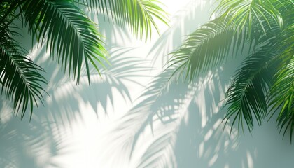 Sunlight casting shadows of palm leaves on a white wall background