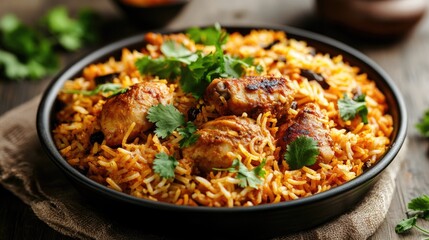 A mouthwatering shot of a spicy Indian biryani with fragrant basmati rice, tender chicken, and a garnish of fresh cilantro.