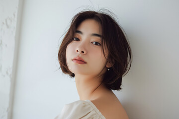 A woman with short hair and a white dress is posing for a picture