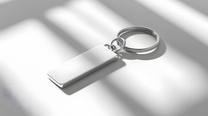 White keychain mockup on a light grey surface with soft shadows, focusing on its sleek design