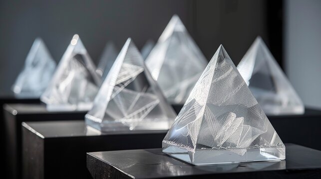A series of glass pyramids each with a unique geometric pattern etched into the surface sit atop sleek black plinths creating a sense of modern elegance. copy space for text. - Powered by Adobe