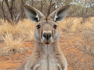 Fototapeta premium Close-up photo of a kangaroo standing in the Australian outback with dry grass and trees in the background on a sunny day