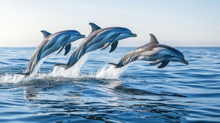 Fototapeta premium A playful group of dolphins leaping out of the ocean water, with a clear blue sky in the background.
