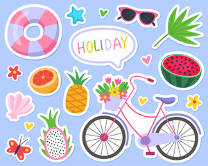 Summer cute vector illustration. Stickers, summertime elements. Bicycle, dragonfruit, watermelon, pineapple, shell, sunglasses, inflatable ring, starfish, butterfly, orange, leaf, flowers and hearts. 