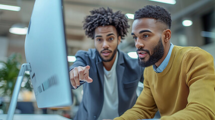 Two colleagues in business casual attire, pointing at computer monitor