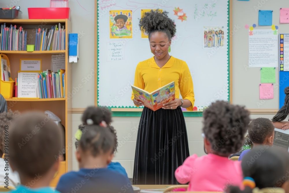 Poster Teacher reading a book in class to engage students in learning and literacy. Activities include story time, group learning, and interactive teaching in a diverse school environment