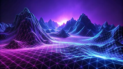 This captivating wallpaper features a mesmerizing landscape of neon mountains against a violet sky within a 3D cyberspace. Escape into this unreal and captivating virtual reality.