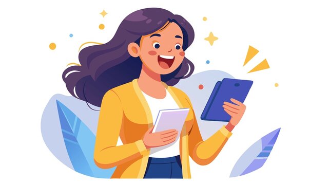 This captivating scene features a young woman bursting with excitement as she checks a message on her phone. The design evokes the thrill of receiving a job offer or career milestone notification.