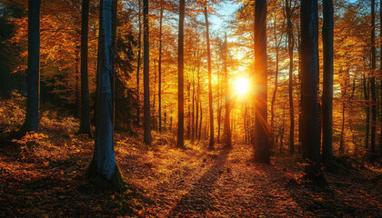 Fototapeta premium A beautiful sunset highlights the vibrant colors of an autumn forest landscape, creating a serene and peaceful atmosphere.