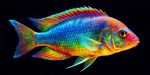 Fototapeta premium Vibrant infrared image of an African cichlid fish from Lake Tanganyika, revealing a multicolored thermal map of its body surface temperature in stunning detail.