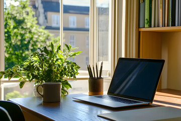 Fototapeta premium A laptop and cup of coffee on a table, a concept of remote work and work from home