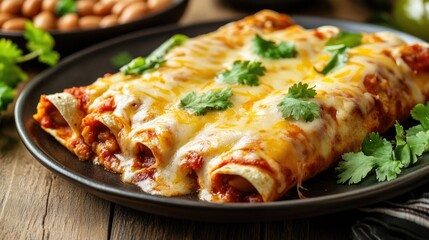 A tempting shot of a traditional Mexican enchilada, with melted cheese, spicy sauce, and a side of refried beans.