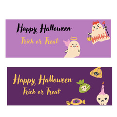 Halloween horizontal banners set. Childrens ghost illustrations in flat style. Happy Halloween day vector banners. Cute spooky characters in childish style.