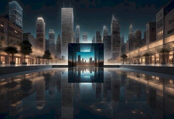 Obraz premium Mirror sculpture reflecting cityscape, combining futuristic design with creative and modern elements, Generative AI.