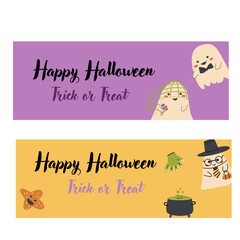 Halloween horizontal banners set. Childrens ghost illustrations in flat style. Happy Halloween day vector banners. Cute spooky characters in childish style.