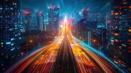 Fototapeta premium Cityscape with Light Trails and a Bright Horizon