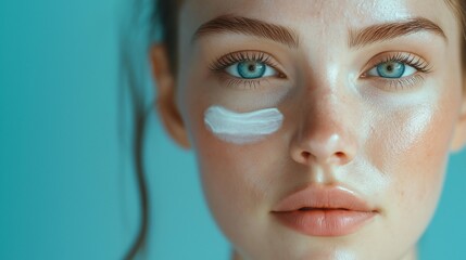 Close-Up of Young Woman with Perfect Skin and Neurocosmetic Cream Swipe on Cheek